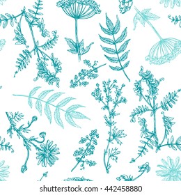 Beautiful hand drawn seamless pattern boho flowers. Use for wedding invitations,  prints. Decorative floral illustration with wildflowers.