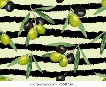 Beautiful hand drawn seamless pattern background with olive branch with ripe black and green olives. Design for olive oil, natural cosmetics, health care products. 