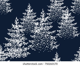 Hermoso fondo de patrón sin fisuras dibujado a mano con paisaje de bosque de invierno.