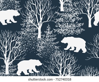 Beautiful hand drawn seamless pattern,  background with bear, winter forest landscape.