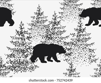 Beautiful hand drawn seamless pattern,  background with bear, winter forest landscape.