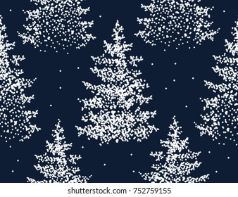 Beautiful hand drawn seamless pattern background with winter forest landscape.