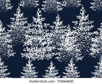 Beautiful hand drawn seamless pattern background with winter forest landscape.