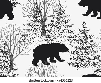 Beautiful hand drawn seamless pattern,  background with bear, winter forest landscape.