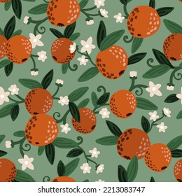 Beautiful hand drawn seamless vector pattern with organge fruits leaves and flowers