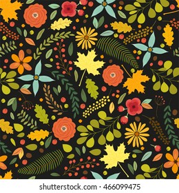 Beautiful hand drawn seamless vintage pattern with rustic flowers and leaves in traditional autumn colors for your decoration