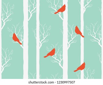 Beautiful hand drawn seamless winter christmas pattern background with northen red cardinals and branches trees. Isolated on blue background