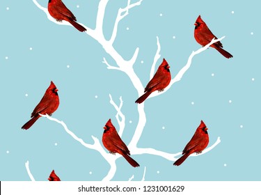 Beautiful hand drawn seamless winter christmas pattern background with northen red cardinals and branches. Isolated on blue background