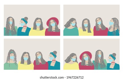 Beautiful hand drawn set character women face mask drawn on white background. Coronavirus epidemic protective. Cartoon people fashion style. Vector illustration. Virus concept. Grey background.
