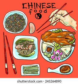 beautiful hand- drawn set of chinese food on the red  background