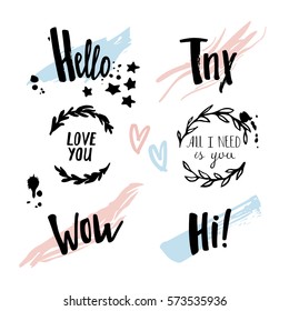 Beautiful Hand Drawn Set with Floral Frames, Grunge Textures and Lettering Texts. Vector Design Elements for Cards, Banners, Blogs, Weddings, Posters and Prints. Abstract Artistic Backgrounds.