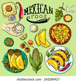 beautiful hand drawn set of mexican food illustration