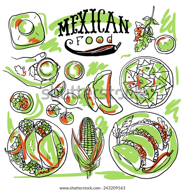 Beautiful Hand Drawn Set Mexican Food Stock Vector (Royalty Free) 243209563