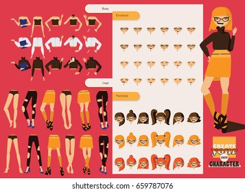 Beautiful hand drawn set with parts for creating character design. Vector collection with emotions on face, various hairstyles, casual clothes and shoes, different poses. Hipster girl character
