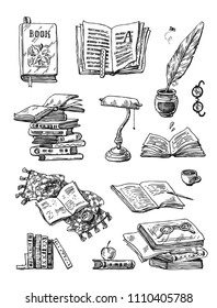 Beautiful hand drawn set of vector illustration reading the book. Sketch style drawing