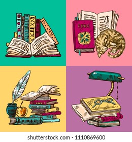 Beautiful hand drawn set of vector illustration reading the book. Sketch style drawing