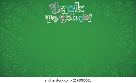Beautiful hand drawn set of vector frame background back to school with education doodle icon symbols on green chalkboard. frame back to school. EPS10.