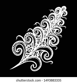 Beautiful Hand Drawn Sketch of Feather in Zentangle Style Monochrome Decorative Feather. Floral Motifs, Indian, Turkish Design Element on Black Background