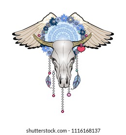 Beautiful hand drawn sketch illustration- the skull of a bull. Boho style print with feathers. Bohemian vector design element. Indian Dream catcher.