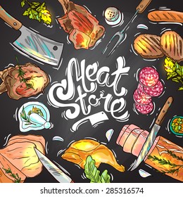 Beautiful hand drawn sketch illustration different kinds of meat and meat products on the chalkboard top view