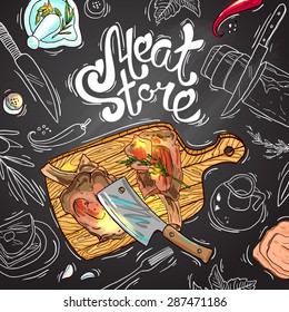 Beautiful hand drawn sketch illustration  meat  on the chalkboard  top view