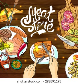 Beautiful hand drawn sketch illustration different kinds of meat and meat products on the wood texture top view