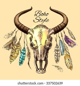 Beautiful hand drawn sketch illustration the skull of a bull