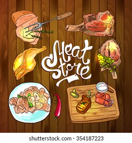 Beautiful hand drawn sketch illustration different kinds of meat and meat products on the wood texture top view