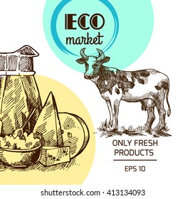Beautiful hand drawn sketch illustration milk product for your design. Organic milk.