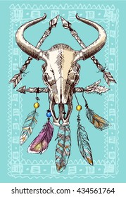 Beautiful hand drawn sketch illustration the skull of a bull. Boho style print for T-shirt.