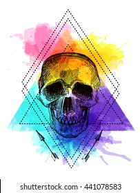 Beautiful hand drawn sketch illustration the skull on the watercolor background. Boho style print for T-shirt. Tattoo style skull.