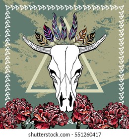Beautiful hand drawn sketch illustration- the skull of a bull. Boho style print with feathers and carnations. Use for poster, party, fashion, promotion, shop, store .