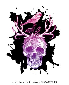 Beautiful hand drawn sketch illustration the skull. Boho style print for T-shirt.