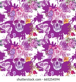 Beautiful hand drawn sketch illustration seamless pattern the skull and flowers. Boho style print for textile.