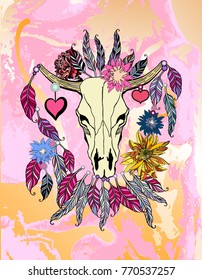 Beautiful hand drawn sketch illustration- the skull of a bull. Boho style print with feathers.Bohemian vector design element. Indian Dream catcher.