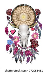 Beautiful hand drawn sketch illustration- the skull of a bull. Boho style print with feathers.Bohemian vector design element. Indian Dream catcher.