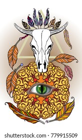 Beautiful hand drawn sketch illustration- the skull of a bull. Boho style print with feathers.Bohemian vector design element. Indian Dream catcher.