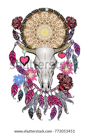 Beautiful hand drawn sketch illustration- the skull of a bull. Boho style print with feathers.Bohemian vector design element. Indian Dream catcher.