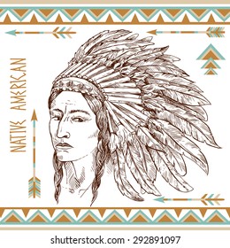 Beautiful hand drawn sketch portret of native american man