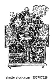 Beautiful hand drawn sketch steampunk mechanism. Time machine.