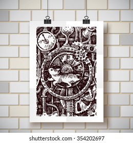 Beautiful hand drawn sketch steampunk mechanism. Time machine.