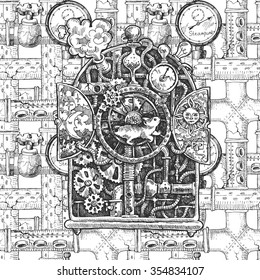 Beautiful hand drawn sketch steampunk mechanism. Time machine.