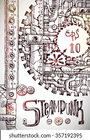 Beautiful hand drawn sketch steampunk mechanism. Time machine.