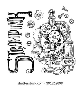 Beautiful hand drawn sketch steampunk mechanism. Time machine.