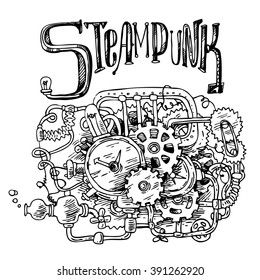 Beautiful hand drawn sketch steampunk mechanism. Time machine.