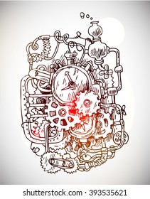 Beautiful hand drawn sketch steampunk mechanism. Time machine.