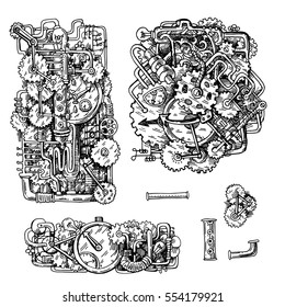 Beautiful hand drawn sketch steampunk mechanism. Time machine.