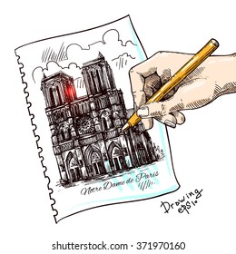 Beautiful hand drawn sketch vector illustration Notre Dame de Paris