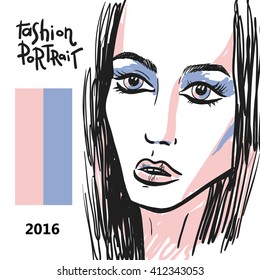 Beautiful hand drawn sketch vector fashion portrait of girl. Face of fashion girl. Hand drawn fashion illustration.
