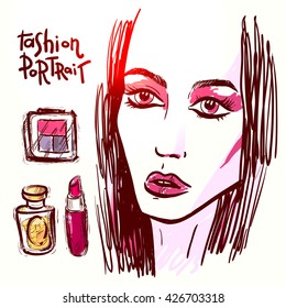 Beautiful hand drawn sketch vector fashion portrait of girl. Face of fashion girl. Hand drawn fashion illustration.